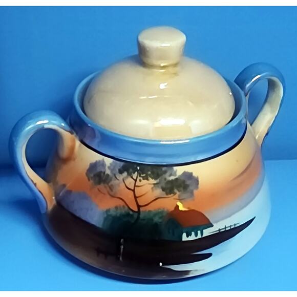 Vintage Lusterware Hand Painted Sugar Bowl Japan Water W/ Tree & Cabin See Pic - Picture 2 of 14